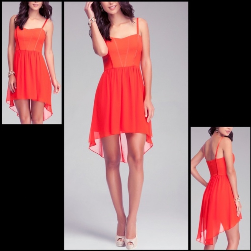 Bebe Size 0 Bright Red/Orange Corset Dress with High-low Length